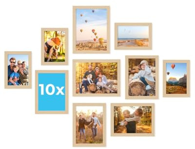 PHOTOLINI Bilderrahmen Set verschiedene Größen, Bilderwand Collage 10 Rahmen, Bilderrahmen-Set Natur Holz MDF zum Aufstellen & Aufhängen, Acrylglas, photo frames for wall 10x15, 13x18 & 15x20 cm