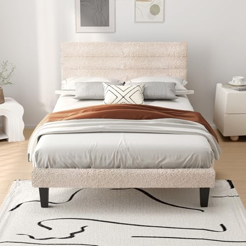 Bonnlo Single Bed Frame, Upholstered Platform Bed with Headboard & Under Bed Storage - Sturdy Wooden Slat Support - No Box Spring Needed, Loop Yarn Fabric, White, 90 x 190 cm