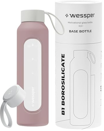 Wessper Bouteille en Verre 500ml, Gourde motivation avec étui - Rose poudré | bouteille borosilicate verre, gourde de motivation avec échelle D'hydratation, Sens BPA
