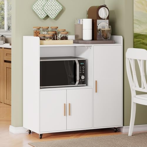 YU YUSING Carrello Cucina con Ripiano Aperto, Mobile Microonde con 4 Ruote | Mobiletto Cucina Microonde, Carrellino Salvaspazio, Credenza Cucina Moderno per Macchina da Caffè, 90×40×96,5 cm, Bianco