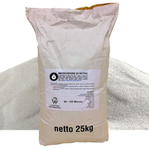 LordsWorld - Sabbia Microsfere di Vetro per Sabbiatrice, 6-7 Mohs, Riutilizzabili 6-7 Volte. Sabbia per Sabbiatrice, Alluminio, Legno, Carrozzerie, Vespa, Edile e Sverniciatore (25Kg, 90-150 Micron)