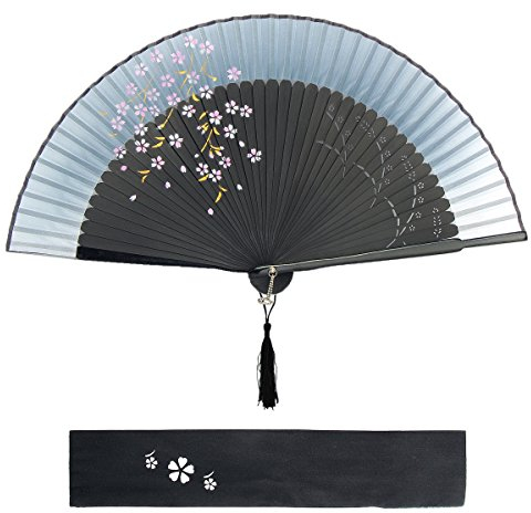 Dazone Asiatischer Faltfächer aus japanischem Bambus mit Kirschblüten für Hochzeit, Party, Dekoration, Geschenk zum Muttertag, Schwarz/Grau