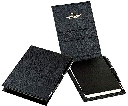 DELMON VARONE - Personalisierbares Notizblock Etui DIN A6 aus Lederimitat Saffiano schwarz, Reporterblock im Hardcover Kunstleder Einband, Stiftschlaufe, Einschubfächer & blanko Block liniert