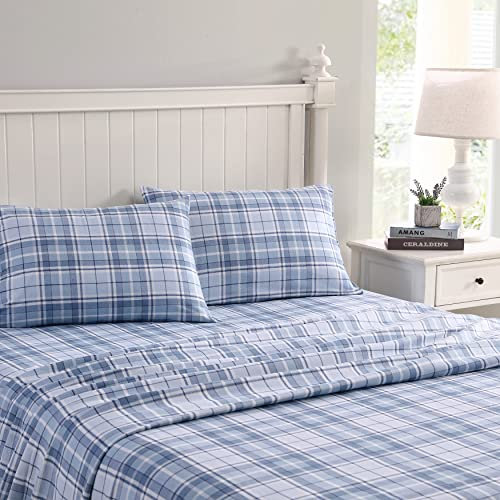 Laura Ashley Accueil – Draps de lit en Flanelle de Coton brossé pour Plus de Douceur et de Confort (Carreaux Mulholland Bleu, très Grand lit)