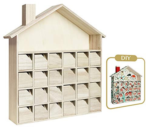 Sunlit Christmas Wooden Advent Calendar with Drawers, Unfinished Wooden, House Shaped Countdown Calendar Ready to Decorate and Personalize | Craft Storage Box | DIY Guru and Crafters