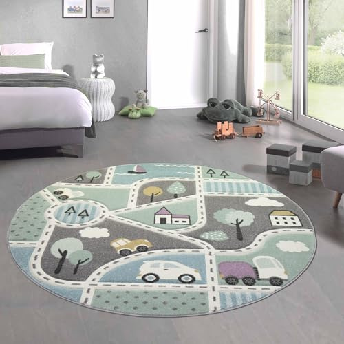CARPETIA Teppich Kinderzimmer Kinderteppich Matte Auto blau grün Größe 120 cm Rund