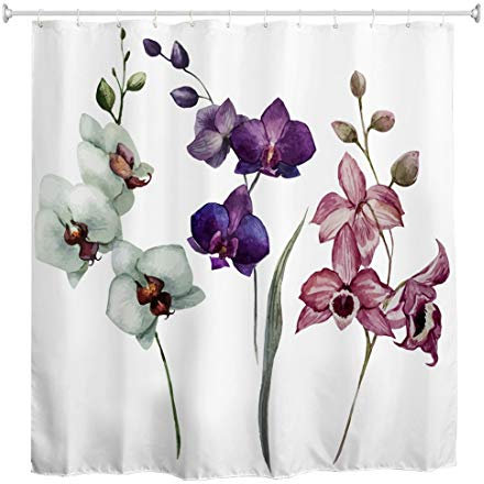 A.Monamour Duschvorhang Wasserdicht Antischimmel Waschbar Stoff Aquarell Weiß Violett Rosa Orchidee Blumen Botanische Pflanzen Textil Polyester Badezimmer Bad Badewanne Vorhang mit Haken 180x200cm