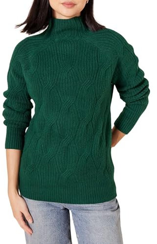 Amazon Essentials Women's Winter Long-Sleeve Jumper, Soft-Touch Funnel Neck Cable Knit, Dark Green, L