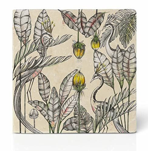 Ligarti Natursteinfliese [ 100% Marmor ] Hochwertiger Untersetzer für Getränke, Gläser, Tassen | Design Fliese mit Vlies in 10x10cm | »Königskraniche« Vögel im Dschungel