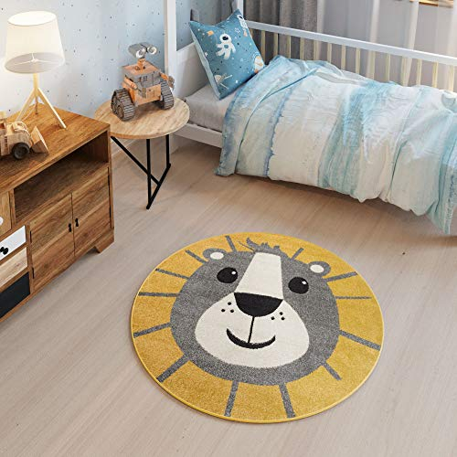 TAPISO Happy Rund Teppich Kurzflor Grau Orange Gelb Creme Meliert Löwe Tiere Schlafzimmer Jugendzimmer Kinderzimmer Kinderteppich Spielteppich 140 x 140 cm