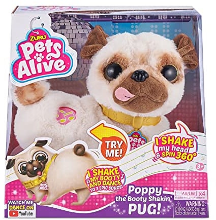 Pets Alive 9521 Poppy The Booty Shakin Pug, Plüsch-Mops, wackelt mit dem Kopf und Po und dreht Sich, spielt 3 Coole Songs, Mehrfarbig
