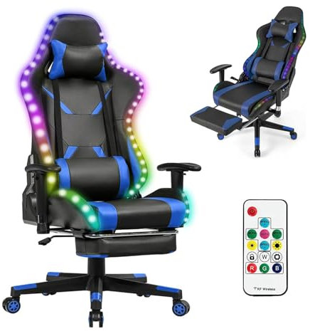 RELAX4LIFE Chaise Gaming avec LED Télécommandé, Dossier Inclinable 90-155°en PU et Accoudoir Réglable avec Coussin Lombaire, Fauteuil Gamer avec Appui-tête et Repose-Pieds Escamotable (Bleu)