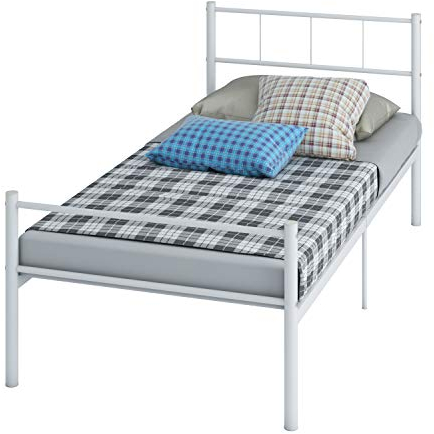 Twin Bed Frame Iron Metal White Mattress Foundation Base Platform (White)