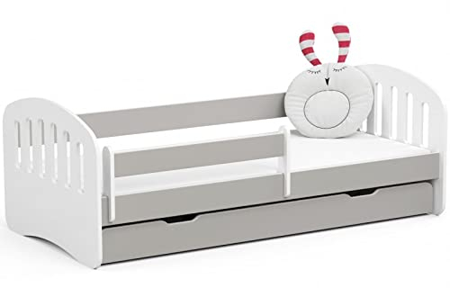 ADGO Play Set Kinderbett + Matratze 180x80x70 cm, Schublade und Barrieren, für Kinder, fürs Kinderzimmer, Bunt, Babybett, Jugendbett mit Rausfallschutz, Rahmen Lattenrost Kinderbetten (Grau)