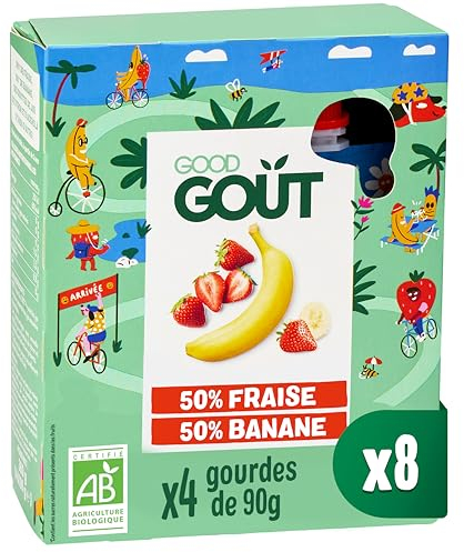 GOOD GOÛT - Gourdes Fraise Banane - Purée de Fruit Format Compote - Dès 3 Ans - 50 % Fraise, 50 % Banane - Sans Sucres Ajoutés - Fabriqué En France - 4x90g - Lot de 8