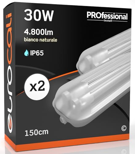 Eurocali 2 Plafoniere LED 150 cm con 2 Tubi 30W 4800 lumen Professionale Impermeabile IP65 Doppio Neon LED T8 - Luce Bianco Naturale 4000K - Industriale - Sostituzione Neon