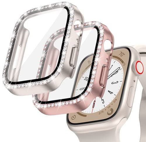 Goton 2-Pack Bling Case for Apple Watch 40mm SE (2nd Gen) Series 6 5 4 Screen Protector, Women Glitter Diamond Rhinestone Bumper Face Cover for iWatch Accessories 40 mm Starlight+Rose Gold