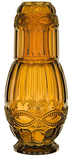 Bedside Water Carafe with Tumbler | 33-Ounce Pitcher and Matching Drinking Glass | Use Cup as a Lid for Carafe | For Guest Room, Nightstand, Office, or Gift | Amber | Elle Decor