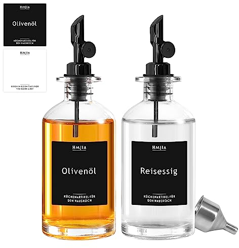 HMJIA Bouteille Huile Olive et Vinaigre Set Pour Cuisine Avec Bec Verseur en Acier Inoxydable 304 Distributeur Récipient à Condiments Liquides Paquet 2 de 350ML Avec 78 Autocollants (Noir)