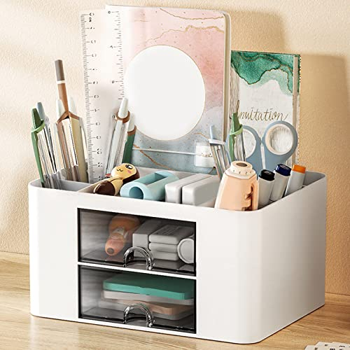 Lergas Schreibtisch Organizer Büro mit Schublade & Stifthalter Multifunktionaler für Stifte Hefter Ordnerklammern Haftnotizen Tisch Zuhause Schule (Weiß), (ZMSNH0324)