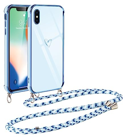 Vauki handyband für iPhone XS/X Hülle mit Band, Handyhülle mit Kette, Herz Motiv, Ultra Dünn Stoßfeste Aesthetic Case mit Kordel zum Umhängen für iPhone XS 5.8 Zoll, Blau