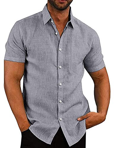 COOFANDY Linen Shirts Mens Short Sleeved Shirts Holiday Shirts Casual Summer Shirt Beach Solid Color Grey XXL