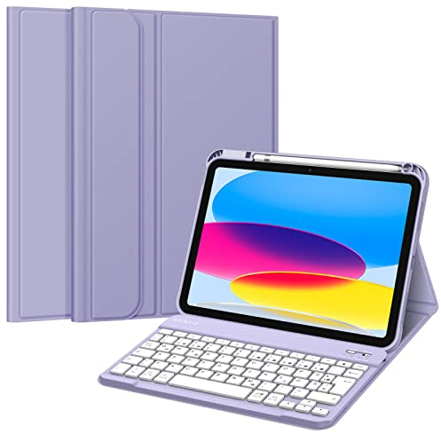 Fintie Tastatur Hülle für iPad 11.Generation 11 2025, iPad 10. Generation 2022 10.9, Schutzhülle mit TPU Rückschale,Pencil Halter und magnetisch abnehmbarer Tastatur mit QWERTZ Layout,Pastellviolett