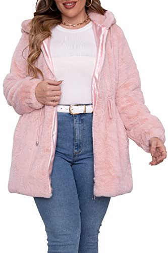 Geschallino Grande Taille Veste en Fausse Fourrure pour Femme Long à Capuche Moelleux Sherpa Manteau Hiver en Polaire 2135Plus Rose 3XL