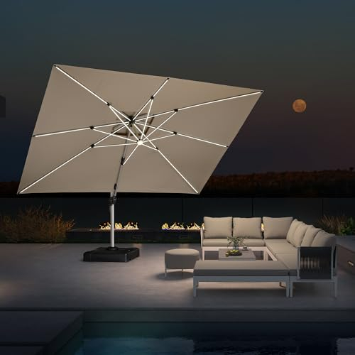 PURPLE LEAF Sonnenschirm 300 x 400 cm, LED Beleuchtung Ampelschirm Durchmesser, Groß 360° Rotation, Gartenschirm mit Kurbel, Balkonschirm XXL, Sonnenschutz UV50+, Beige