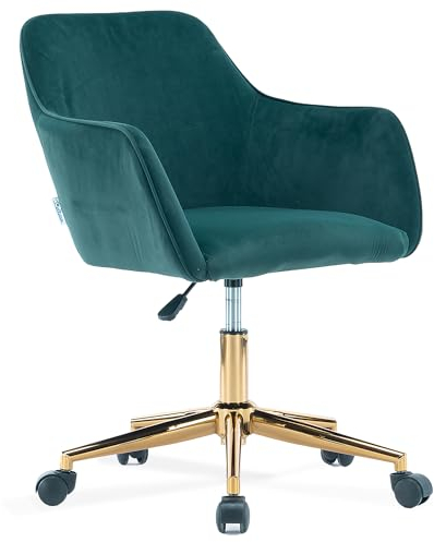 DEKKETO Grün Samt Drehstuhl, Schminktisch Stuhl mit Rollen, Bequem Schminkstihl Bürostuhl Sessel mit Lehne, Höhenverstellbare Schreibtischstuhl mit Goldenem Sockel für Schlafzimmer, Waschtisch