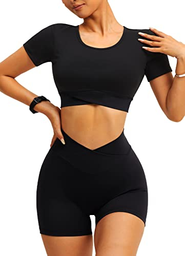 Navneet Sport Damen Gym Kurz Workout Sportset - Fitness Outfit Mit Oberteile Und Scrunch Shorts - Yoga Sportbekleidung Sommer Zweiteiler Schwarz M