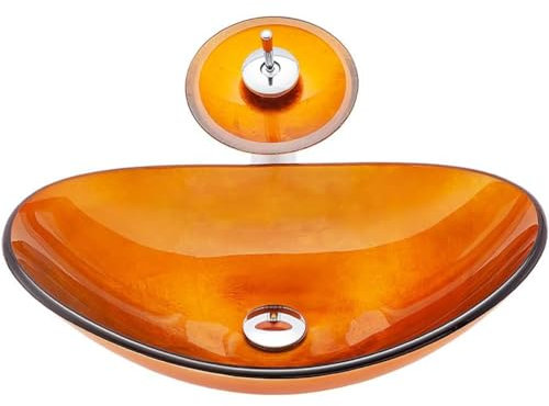 MegLob Combo De Fregadero De Vaso De Vidrio Templado Amarillo, Kit De Tazón De Lavado De Encimera Ovalada De Hotel, Fregadero Moderno Para Recipientes Para Tocador