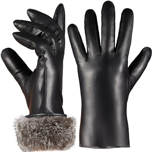 VIKIDEER Super warme Lederhandschuhe für Damen, mit Fell gefüttert, Touchscreen Texting Fahrhandschuhe, Schwarz, X-Large
