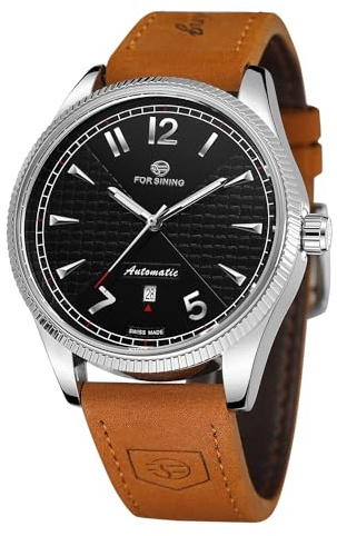 FORSINING Orologio da polso da uomo, meccanico, a carica manuale, analogico, sportivo, con cinturino in pelle, Nero , Cinturino