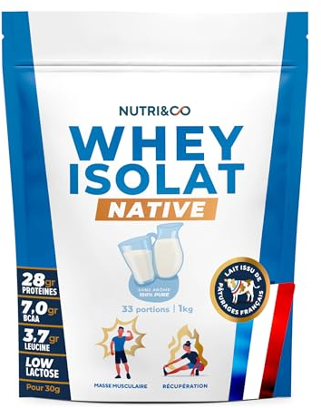 NUTRI & CO Whey Isolate Native - Jusqu’à 94% de Protéines - Pur Lait Français Low Lactose Digestion Facile - Riche en BCAA - Prise de Masse & Musculation - 900gr 30 portions goût Neutre