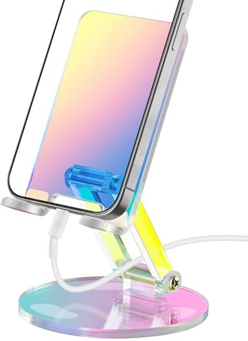 Tomorotec Adjustable Angle Acrylic Cell Phone Stand for Desk, Foldable Acrylic Phone Holder Cute for Office, Portable Non-Slip Desktop Smartphone Holder, Fit for iPhone Samsung Galaxy (Iridescent)