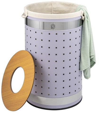 eluno runde Wäschetonne, Wäschekorb, Wäschesammler mit waschbarem Wäschesack und abnehmbaren Deckel, 50 Liter Fassungsvermögen für Schlafzimmer, Badezimmer, Wäscheaufbewahrung aus Metall (Flieder)