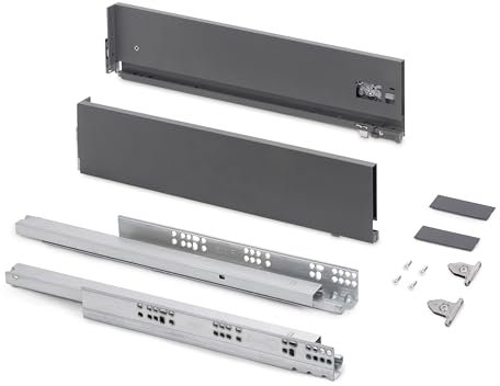 Emuca - Schubladen-Kit für Küche und Bad mit 3D-Regelung, Höhe 131mm, Tiefe 300mm, 40 Kg, sanftes Schließen, Panels nicht enthalten, Stahl, Anthrazitgrau