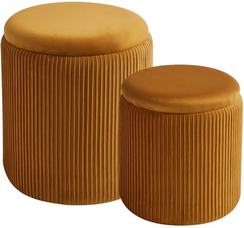 BLEXA Round Set of 2 Ottoman with Storage-Upholstered Velvet Vanity Stool for Makeup Multifunctional Ottomans Coffee Table Padded Seat Foot Rest for Living Room&Bedroom (Yellow)