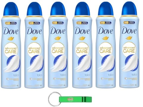 6x Dove Advanced Care Talco Deodorante Spray - Deodorant 72 Stunden Schutz Hilft, die Haut weich und vor Schweiß zu schützen 150ml + Beni Culinari Kostenloser Schlüsselanhänger