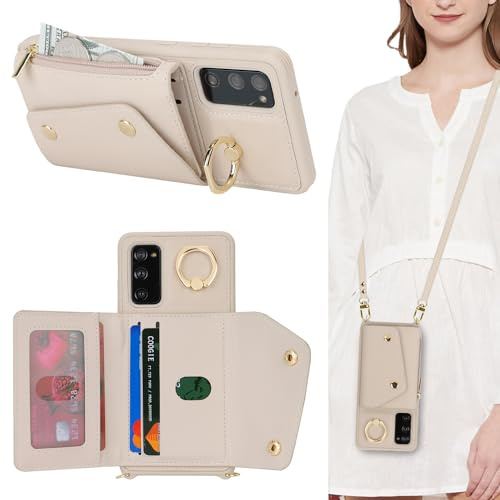 Lipvina Coque pour Samsung Galaxy S20 FE avec Cordon Porte Carte Coque zippé Portefeuille Femme Telephone Portable Réglable Collier Housse Étui avec Anneau pour Femmes - Blanc