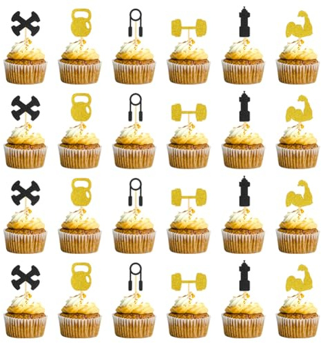 GYM Cupcake Topper, Fitness Theme Cupcake Topper, Black Gold Glitter Kettlebells, Barbells Dumbbells Workout Cupcake Topper for Fitness Theme Party