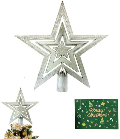 Stella Topper per Albero di Natale con Biglietto d'Auguri - Decorazione Punta Albero (Argento)