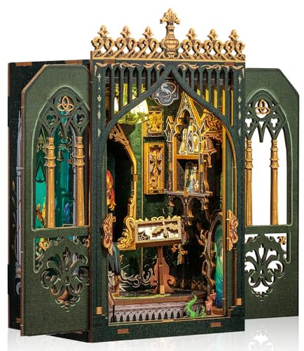 Cutefun - Diorama de biblioteca para montar tú mismo, de madera, miniatura, decoración de estantería, kit de modelo con luces LED, herbario oscuro