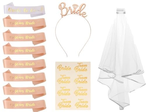Rose Gold Bride to Be Sash, Team Bride Sashes 6 Pack, Bridesmaid, Maid of Honour, Mother of The Bride, Mother of The Groom, Hen Party Sashes (Sash and Veil Set (18 Pieces))
