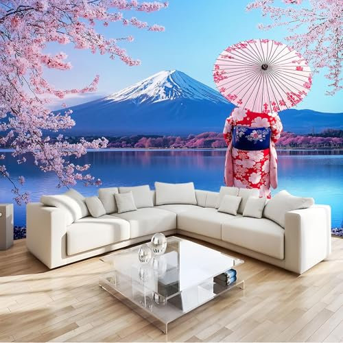 3D Papier Peint Panoramique Tapisserie Intissé Murales Paysage Japonais Femme Fleurs De Cerisier, Papier Peint Enfant pour Salon Chambre Décoration Murale, Papier Peint 250x175 cm Chambre Enfant