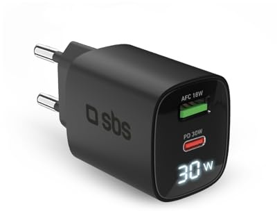 SBS 30W USB-C LCD-Netzteil, GaN-Technologie, Power Delivery (PD 3.0 PPS), Schnellladen, LCD-Display, Ladegerät für iPhone, iPad, Airpods, MacBook Neo, Android, Tablet, Schwarz