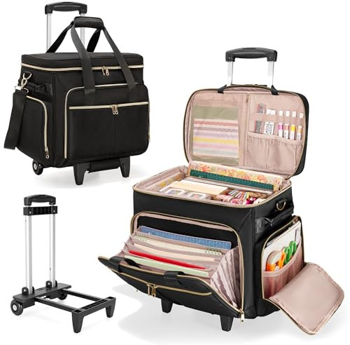 Prokva Scrapbook Tasche auf Rollen, Scrapbook Aufbewahrungstasche mit Rollen, Bastelwagen Organizer mit abnehmbarem Trolley, Organizer Tasche für Kunstbedarf für Künstler, Bastler und Lehrer, Schwarz