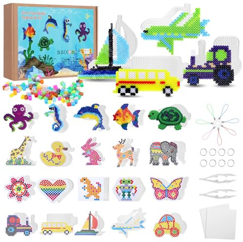 TGTT 20 Stück Bügelperlen Platten, 5mm Transparente Bügelperlen Steckplatten mit Bügelpapier, Seilen und Pinzette, 20 Muster Basteln Handwerk für Kinder Geschenk Jungs Mädchen