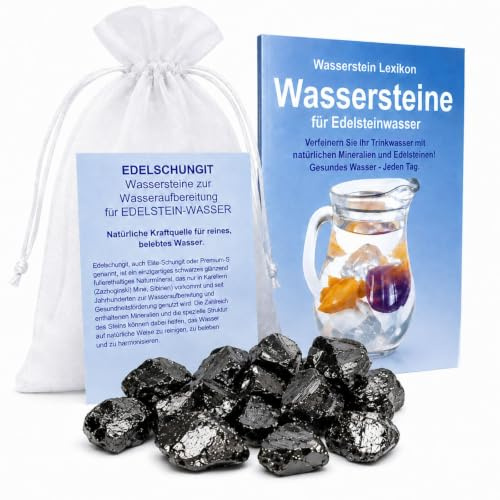 EDELSCHUNGIT Wassersteine 50g zur Wasser-Aufbereitung für EDELSTEINWASSER | ELITE SHUNGIT STEINE zum beleben von WASSER aus Karelien. 4-tlg TRINKWASSER-SET mit Booklet, Anleitung, Täschchen 95550-50